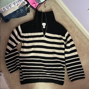 H&M Black and Cream Striped Half-Zip Turtleneck Sweater